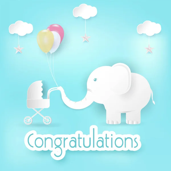 Elefante Globos Con Cochecito Bebé Tarjeta Felicitaciones Feliz Cumpleaños Ducha — Vector de stock