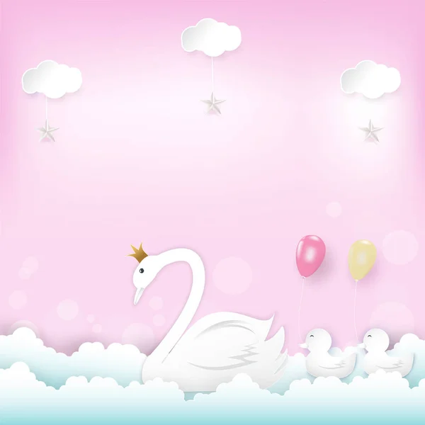 Princesse Cygne Famille Avec Ballons Flottant Nuage Joyeux Anniversaire Carte — Image vectorielle