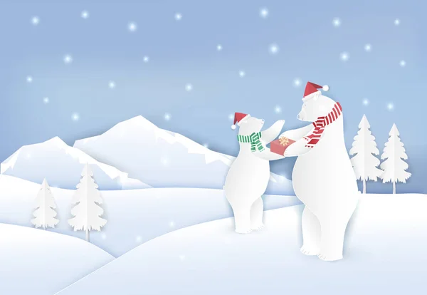 Семейный Белый Медведь Подарочными Коробками Стиле Снежной Бумаги Рождественские Праздники — стоковый вектор