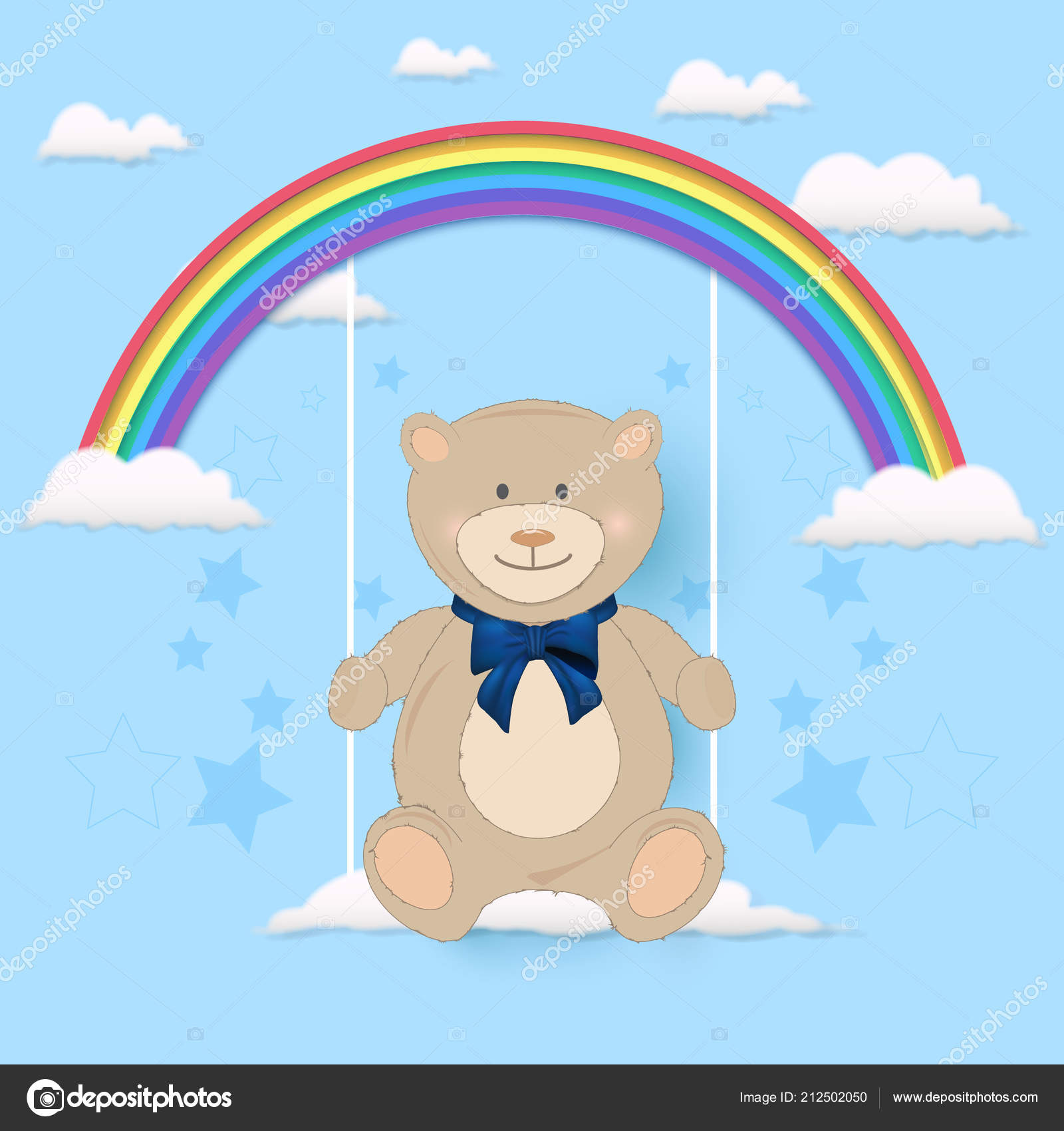 Teddy Bear Sitting Swing Rainbow Greeting Card Blue Sky Background