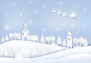 Kış tatil Noel Baba ve geyik kar tanesi arka plan ile. Noel Sezon kağıt sanat stil illüstrasyon.