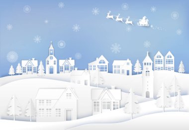 Kış tatil Noel Baba ve kar tanesi arka plan ile şehir şehir geyik. Noel Sezon kağıt sanat stil illüstrasyon.