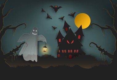 Holding lamba ve karanlık ormanın, Halloween Kağıt Sanat arka plan, kağıt kesim tarzı illüstrasyon şatoda hayalet