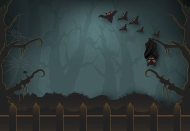 Stil illüstrasyon grup yarasa karanlık ormanın, Halloween Kağıt Sanat arka plan, kağıt kesme.