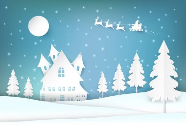 Kış tatil Noel Baba ve karlı Noel Sezon kağıt sanatı, kağıt el sanatları tarzı resimde arka plan