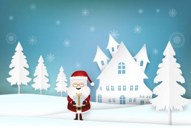 Noel sezonu Noel Baba hediye kutusu ve kar tanesi kış tatil arka plan kağıt sanat holding, kağıt zanaat çizim stil.