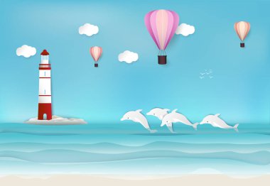 Sıcak hava balonu ve yunus ile deniz feneri deniz arka plan kağıt sanat, kağıt el sanatları tarzı illüstrasyon