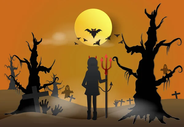 Joven Diablo Bosque Oscuro Con Espeluznante Murciélago Halloween Papel Arte — Vector de stock