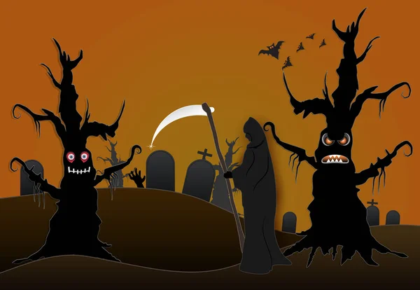 Segador Sombrío Cementerio Bosque Oscuro Fondo Arte Papel Halloween Ilustración — Vector de stock