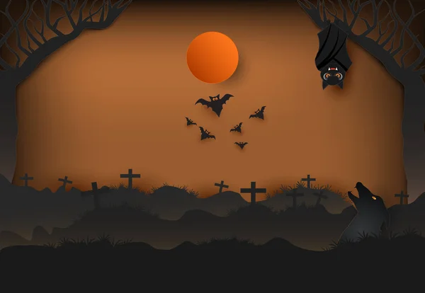 Papierkunst Fledermaus Und Wolf Silhouette Halloween Papierkunst Hintergrund Papier Geschnitten — Stockvektor