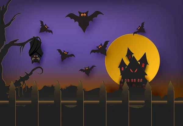 Papierkunst Von Fledermaus Und Burg Halloween Papierkunst Hintergrund Papierschnitt Stil — Stockvektor