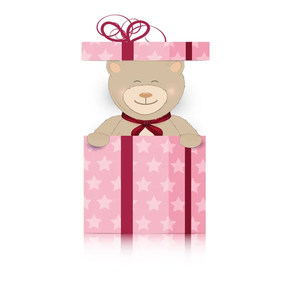 泰迪熊粉红色礼品盒背景贺卡 圣诞贺卡 淋浴卡 — 图库矢量图片
