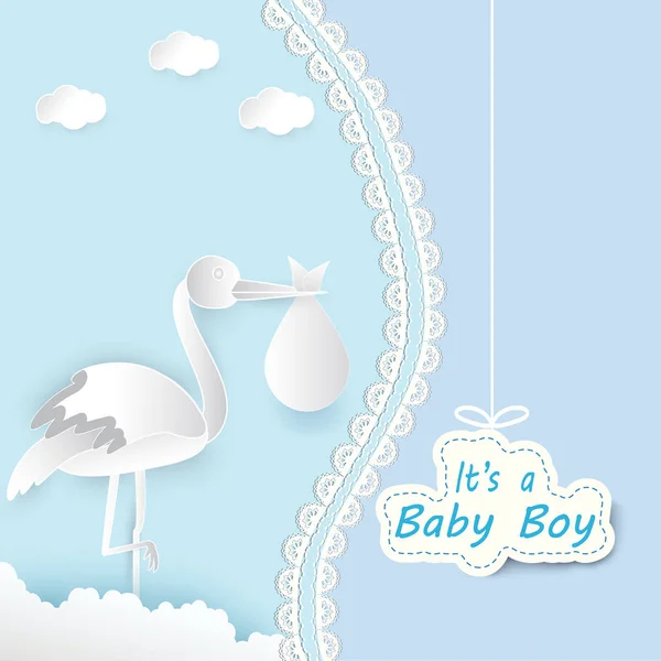 Papierkunst Von Storch Mit Baby Und Wolke Baby Junge Duschkarte — Stockvektor