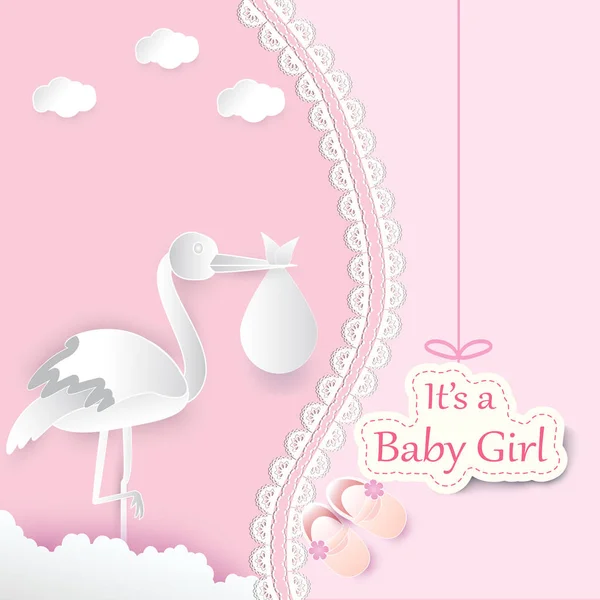 Papírové Umění Čáp Dítětem Cloud Růžové Pozadí Baby Girl Sprcha — Stockový vektor