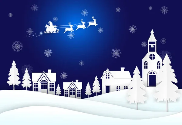 Santa en el cielo nocturno y copo de nieve, estilo de arte de papel de temporada de Navidad — Vector de stock