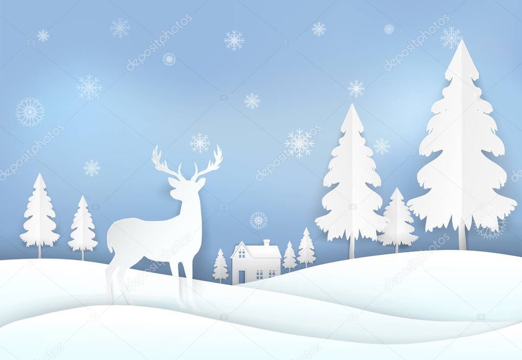 Deer in countryside and snowflake. Winter holiday, Christmas background paper art, paper cut, paper craft style illustration.