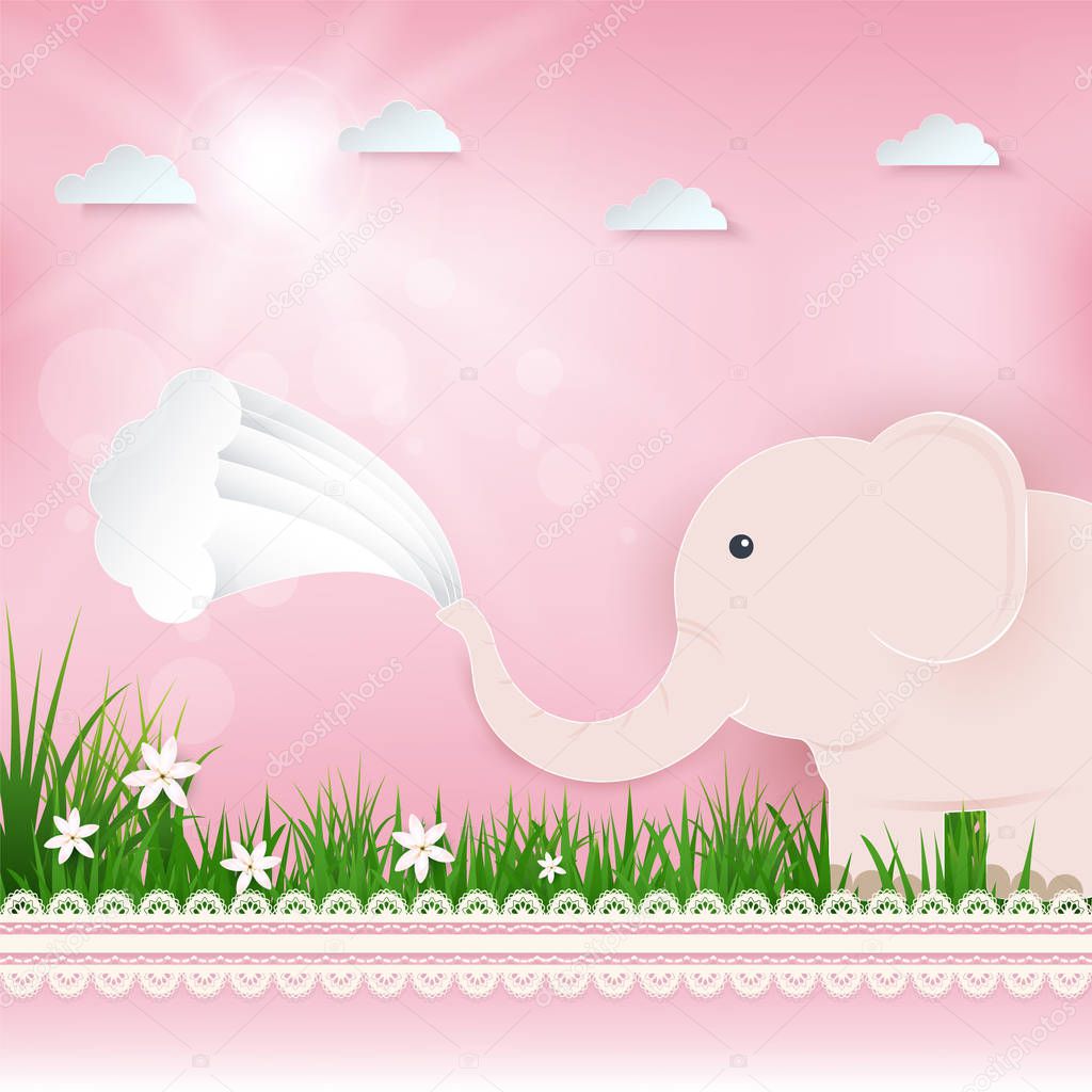 Pink Elephant in field and cloud Greeting card, Happy Birthday card. Shower card paper art style illustration pink background