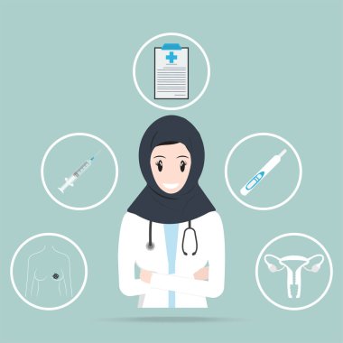 Kadın hastalıkları ve meme kanseri, hamile olan Müslüman doktor testi, rahim simgesi, tıp kavramı