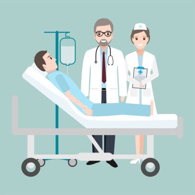 Doktor hasta bir damla sayacı simgesi ile yatak hastanede kontrol edin. Tıp kavramı