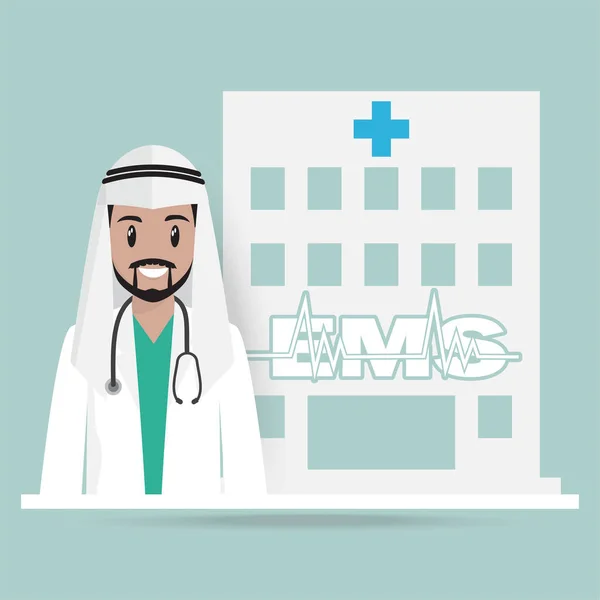 アラブの医師と病院建物のアイコン 医療コンセプト — ストックベクタ