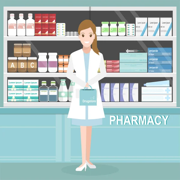 Farmacia Farmacia Con Mujer Farmacéutica Mostrador Ilustración Médica — Vector de stock