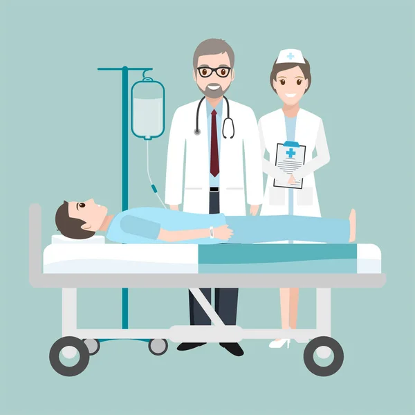 Доктор Проверьте Пациента Лежащего Больнице Иконкой Счётчика Капель Иллюстрация Концепции — стоковый вектор