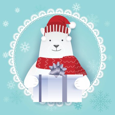 Kutup ayısı hediye kutusu ve dantel çerçeve ile kağıt sanatı. Mutlu Noeller, mutlu yeni yıl için arka plan illüstrasyon