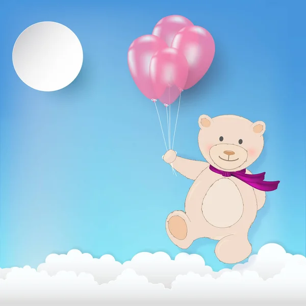 Oso Peluche Sosteniendo Globos Flotando Nube Para Tarjeta Felicitación Tarjeta — Vector de stock