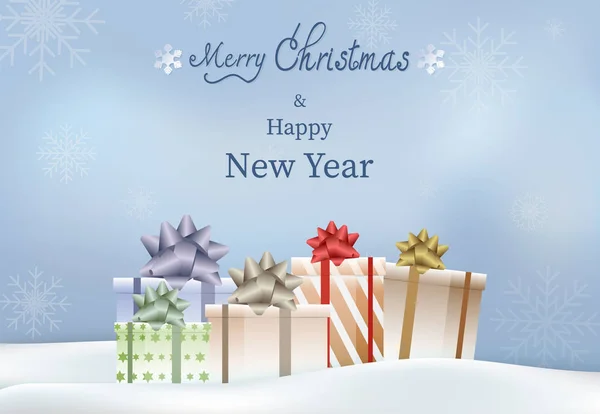 Frohe Weihnachten Ein Gutes Neues Jahr Text Mit Geschenkboxen Illustration — Stockvektor