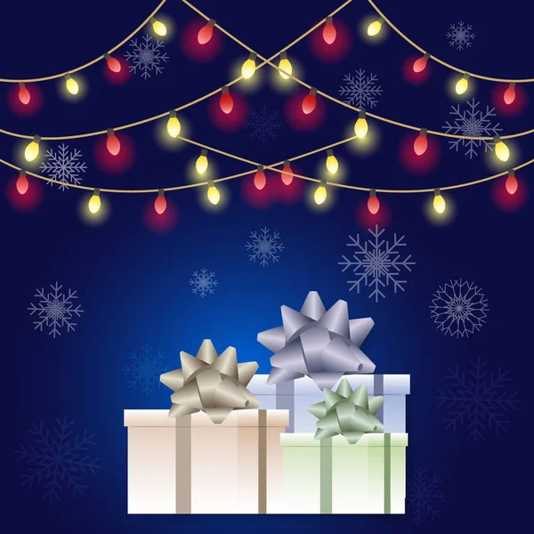 Κουτιά Δώρων Και Ελαφριά Διακόσμηση Καλά Χριστούγεννα Ευτυχισμένο Νέο Έτος — Διανυσματικό Αρχείο