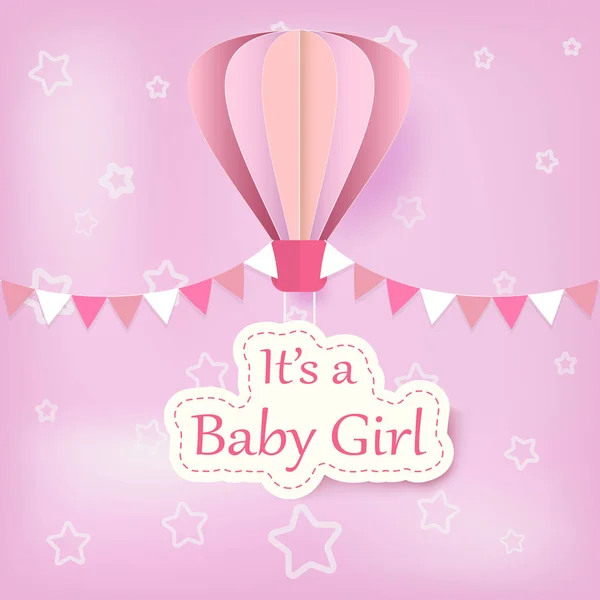 Paper Art Hot Air Balloon Baby Girl Text Shower Card — Stock Vector