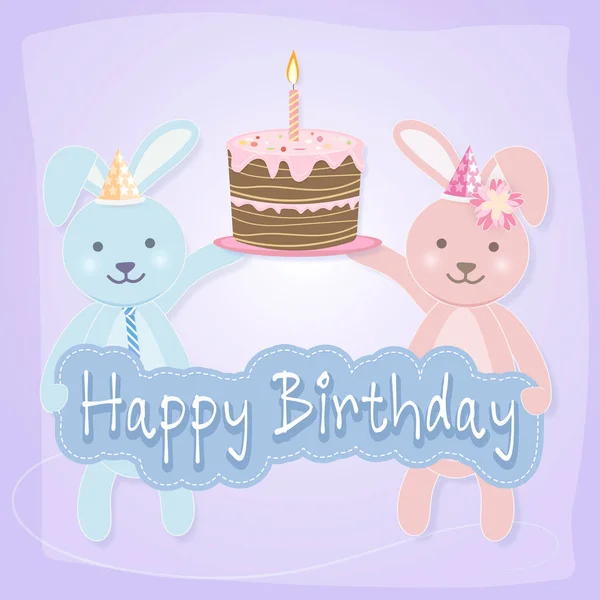 Pareja Conejos Con Pastel Para Tarjeta Feliz Cumpleaños Sobre Fondo — Vector de stock