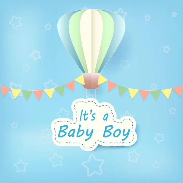 Papierkunst Von Heißluftballon Mit Baby Junge Text Dusche Karte Papier — Stockvektor