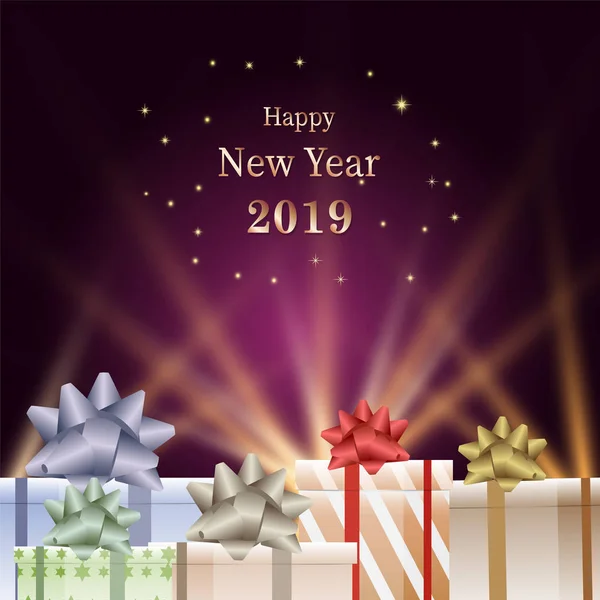 Šťastný Nový Rok 2019 Text Dárkové Krabičky Záře Obrázku Pozadí — Stockový vektor