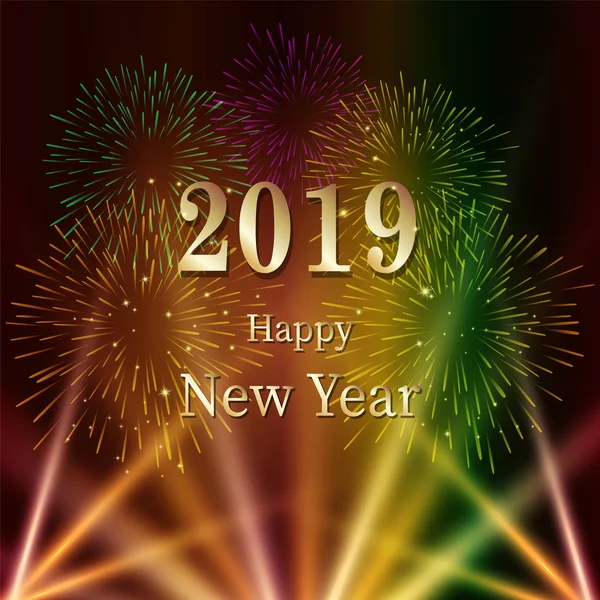 Šťastný Nový Rok 2019 Text Ohňostrojem Lehké Barevné Ilustrace Pozadím — Stockový vektor
