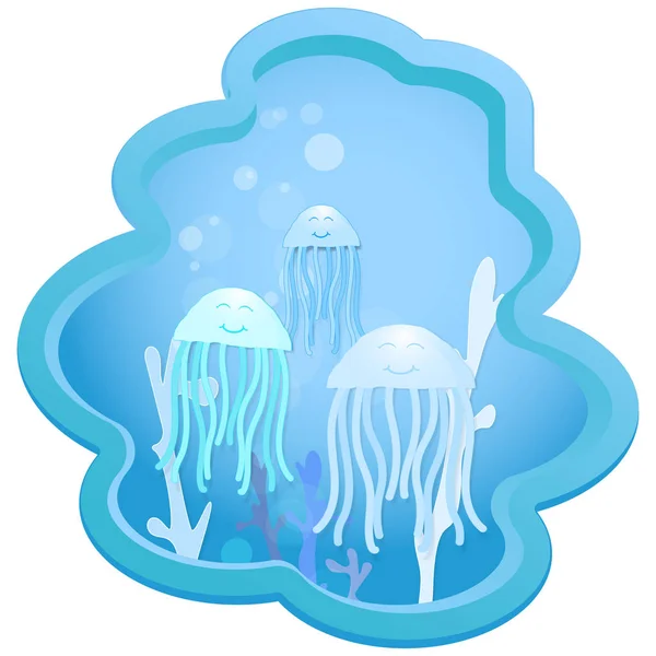 贺卡可爱的卡通水母和珊瑚淋浴卡 生日卡 纸艺术海洋样式例证 — 图库矢量图片