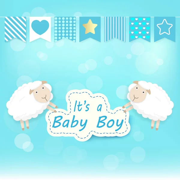 Baby Boy Duschkarte Mit Schafen Auf Blauem Grund Glückwunsch Zum — Stockvektor
