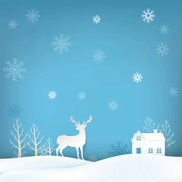 Ciervo Copo Nieve Navidad Temporada Fondo Papel Arte Estilo Ilustración — Vector de stock