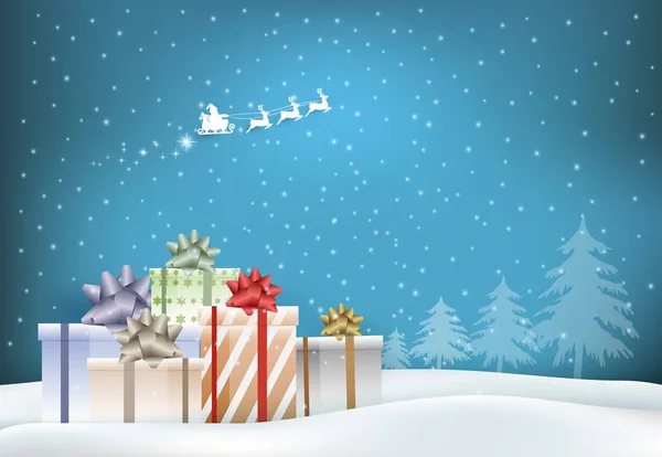 ペーパー ギフト ボックスとサンタ クロースの雪のアート メリー クリスマス 新年背景イラスト — ストックベクタ
