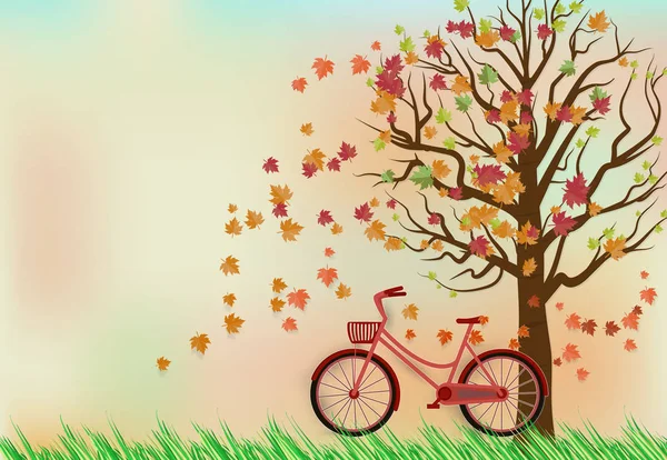 Papier Kunst Van Illustratie Herfst Met Rode Fiets Onder Esdoorn — Stockvector