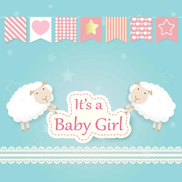 Baby Girl Shower Card Sheep Lace Happy Birthday Card Paper — Stock Vector