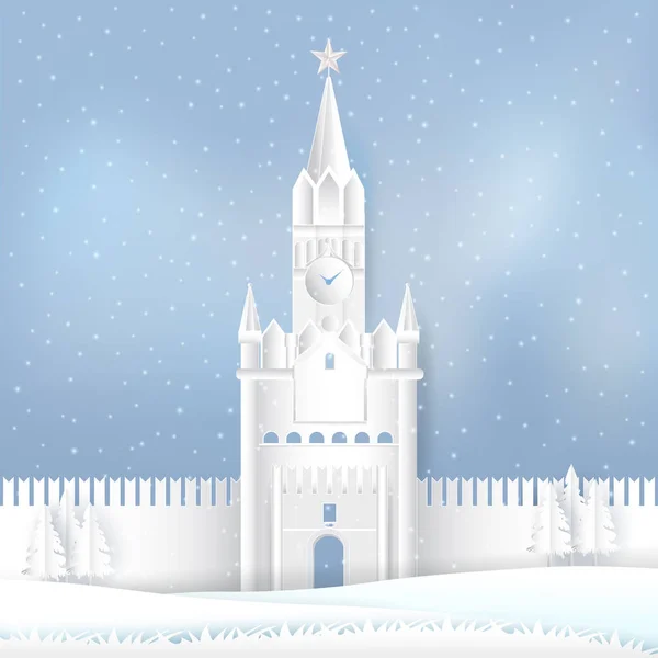 Spasskaya Torre Del Kremlin Temporada Invierno Moscú Rusia Corte Papel — Vector de stock