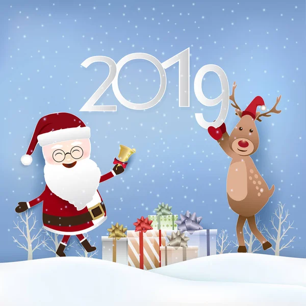 Santa Jelen Papírové Umění Ilustrace 2019 Vánoce Nový Rok Sezóny — Stockový vektor