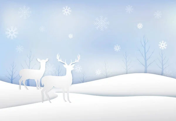Τέχνη Χαρτί Των Ελαφιών Νιφάδα Χιονιού Και Ουρανό Φόντο Χριστούγεννα — Διανυσματικό Αρχείο