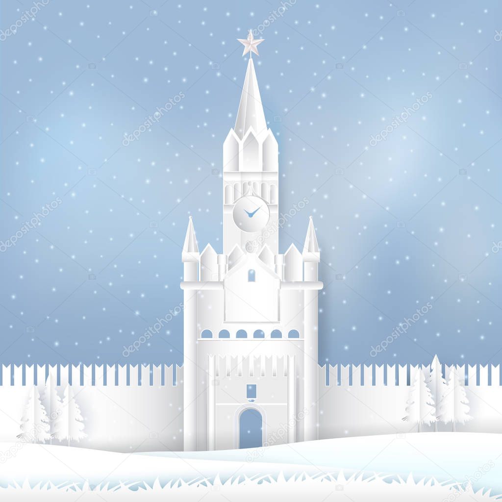 Spasskaya tower of Kremlin winter season, Moscow in Russia Paper cut, Paper art illustration background