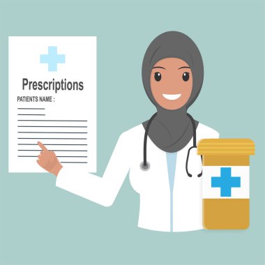 Reçete ve ilaç simgesi olan Müslüman kadın doktor. İlaç illüstrasyon