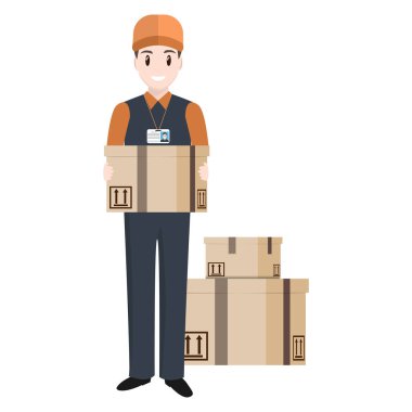 Adam ve kutusunu parsel kurye simgesi. Teslimat servisi illüstrasyon