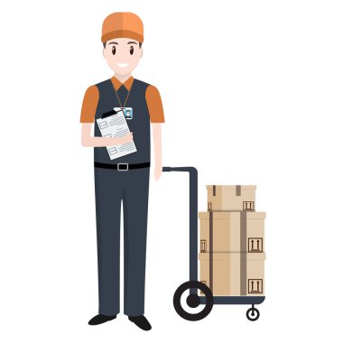 Adam ve sandık paketlenip simgesini, teslimat hizmeti illüstrasyon