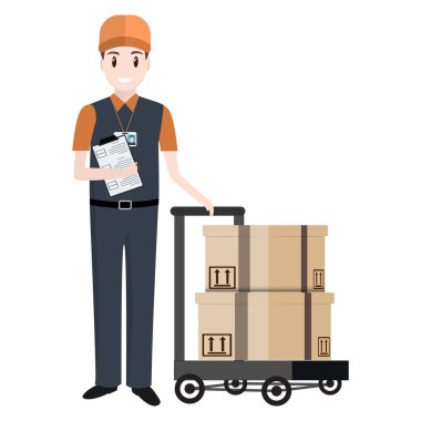 Adam ve sandık paketlenip simgesini, teslimat hizmeti illüstrasyon