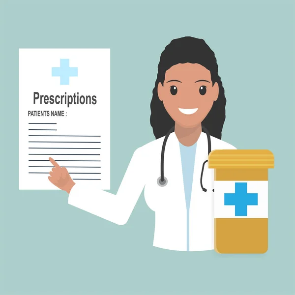 Ärztin Mit Rezepten Und Pillen Symbol Illustration Zur Medizin — Stockvektor